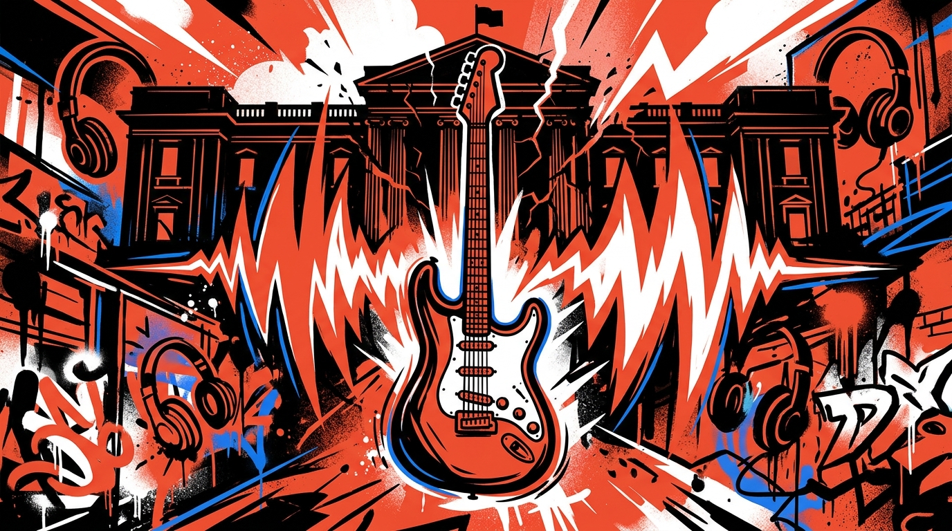 Ilustración de arte urbano de una guitarra eléctrica como símbolo de la protesta musical de Bruce Springsteen contra el poder.
