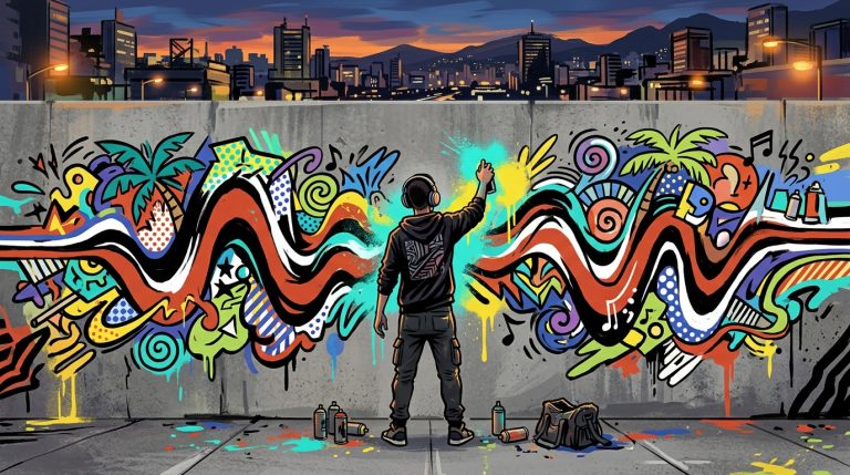 Ilustración de arte urbano inspirada en la libertad creativa y la música experimental de Manuel Turizo.