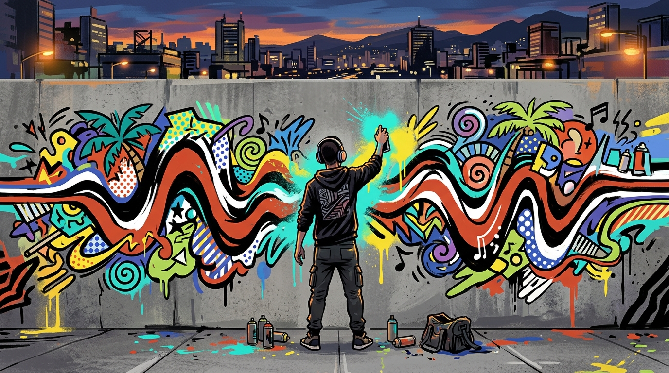 Ilustración de arte urbano inspirada en la libertad creativa y la música experimental de Manuel Turizo.