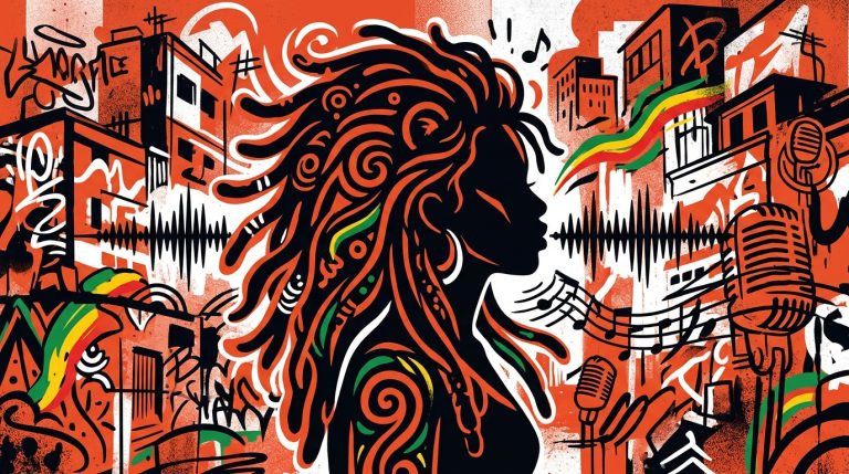 Ilustración urbana del poder femenino y el reggae de Hempress Sativa por su álbum Woman en Bonchona Radio 107.1 FM.