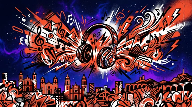 Ilustración de arte urbano con una explosión de notas musicales celebrando la canción 'Starless' de A Perfect Circle.