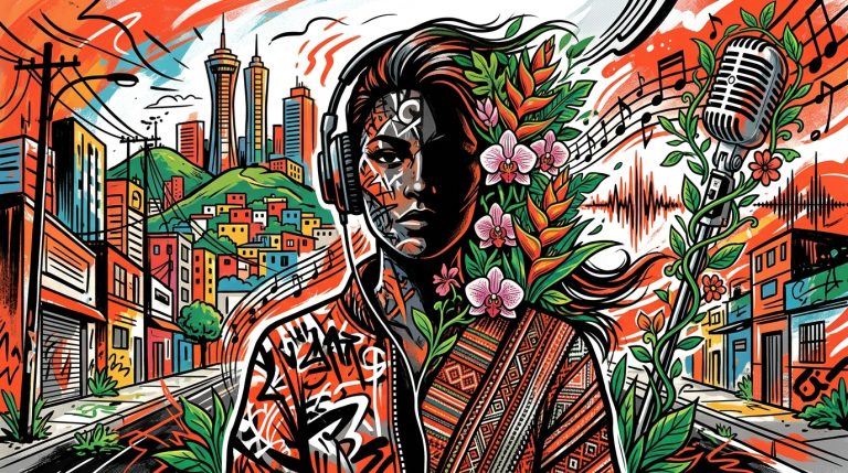 Ilustración urbana sobre el orgullo por las raíces, inspirada en la canción 'Pueblerina' de Adriana Lucía.