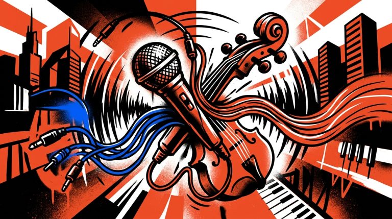 Ilustración urbana del álbum sinfónico de Estados Alterados. Un micrófono de rock y un violín se fusionan enérgicamente.