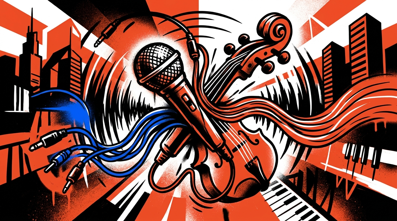 Ilustración urbana del álbum sinfónico de Estados Alterados. Un micrófono de rock y un violín se fusionan enérgicamente.