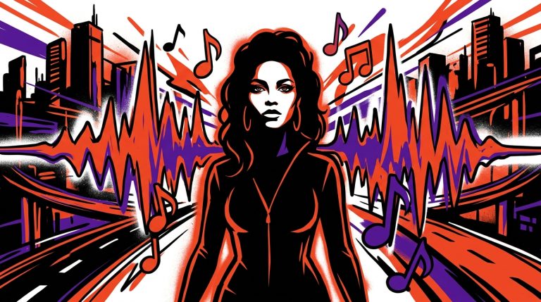Ilustración urbana que evoca el poder de 'Hipnótica', el nuevo tema de Katherine Coll. Arte para Bonchona Radio 107.1 FM.