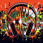 Ilustración de 'Cali Calipso' de LOS MENOR3S y Jaxxtone. Arte urbano con audífonos y una explosión de color y música.