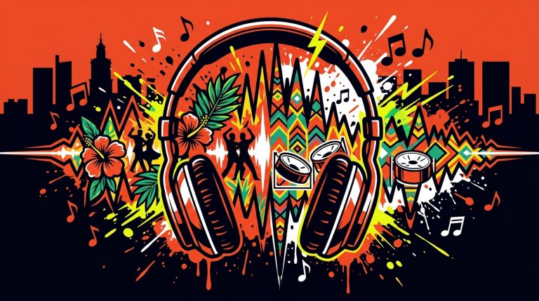 Ilustración de 'Cali Calipso' de LOS MENOR3S y Jaxxtone. Arte urbano con audífonos y una explosión de color y música.