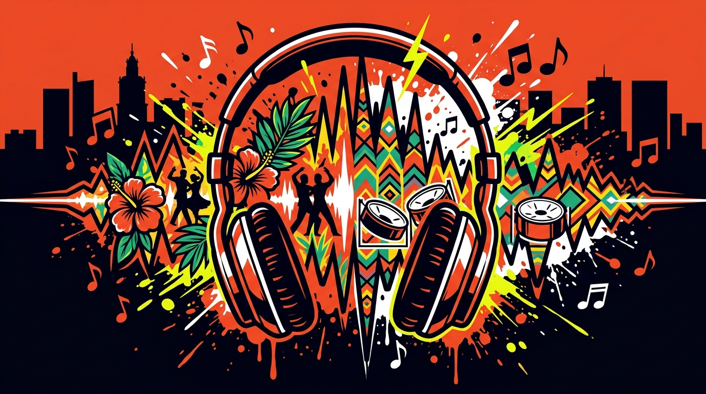 Ilustración de 'Cali Calipso' de LOS MENOR3S y Jaxxtone. Arte urbano con audífonos y una explosión de color y música.