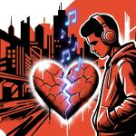 Ilustración de arte urbano sobre un corazón roto y música, inspirada en la canción "Te Perdono" de Tiago PZK.