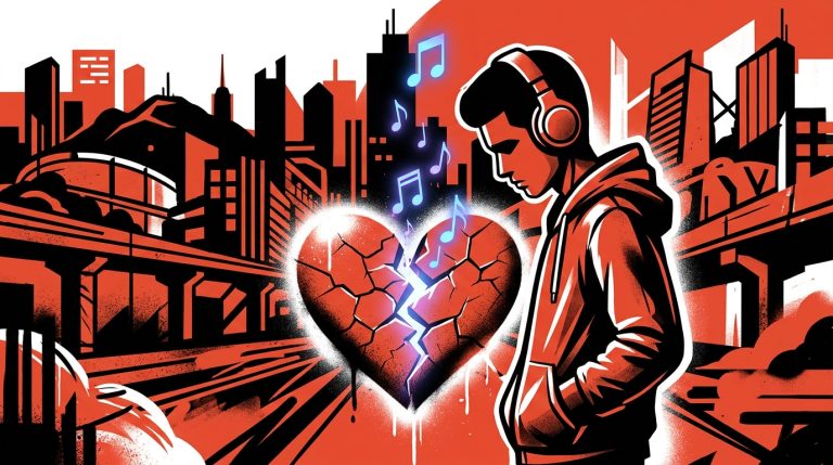 Ilustración de arte urbano sobre un corazón roto y música, inspirada en la canción "Te Perdono" de Tiago PZK.