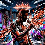 Ilustración urbana de Jay Wheeler coronado como La Voz Favorita, con micrófono y ondas musicales.