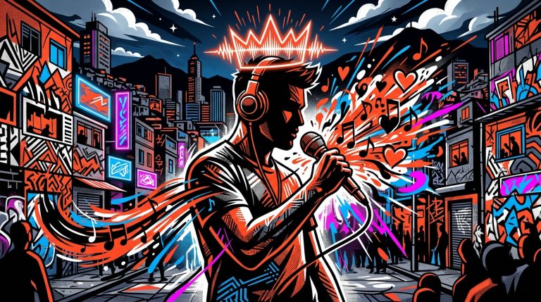 Ilustración urbana de Jay Wheeler coronado como La Voz Favorita, con micrófono y ondas musicales.