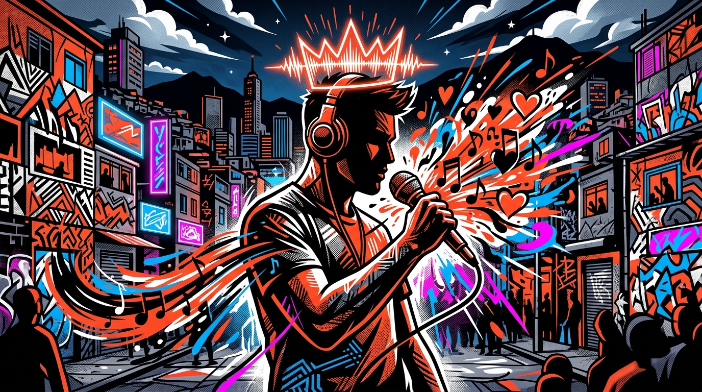 Ilustración urbana de Jay Wheeler coronado como La Voz Favorita, con micrófono y ondas musicales.