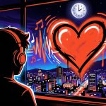 Arte digital sobre Jessie Reyez: silueta con audífonos y un corazón latente sobre la ciudad de Valencia de noche.