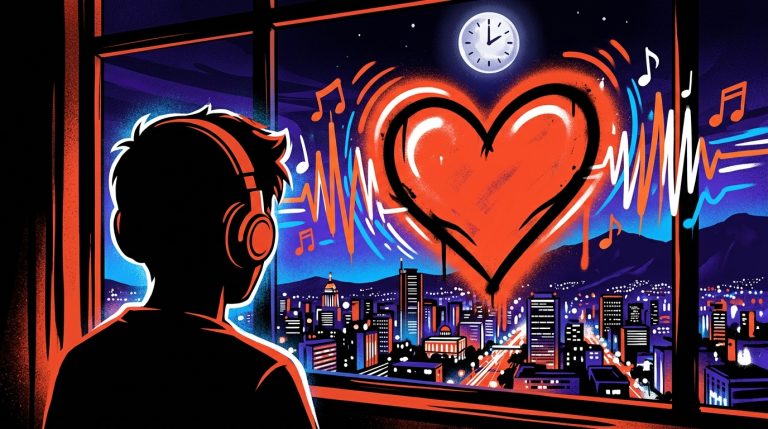 Arte digital sobre Jessie Reyez: silueta con audífonos y un corazón latente sobre la ciudad de Valencia de noche.