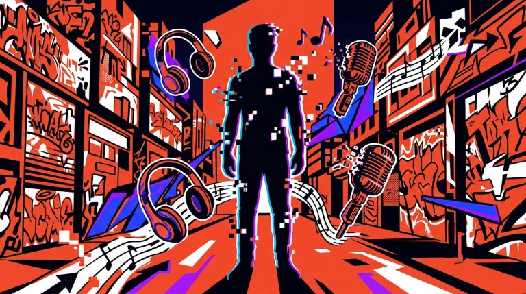 Ilustración urbana del misterio 'Hombre Ficción' de Andy Daze, inspirada en su nuevo tema musical 'Entre Limbos'.