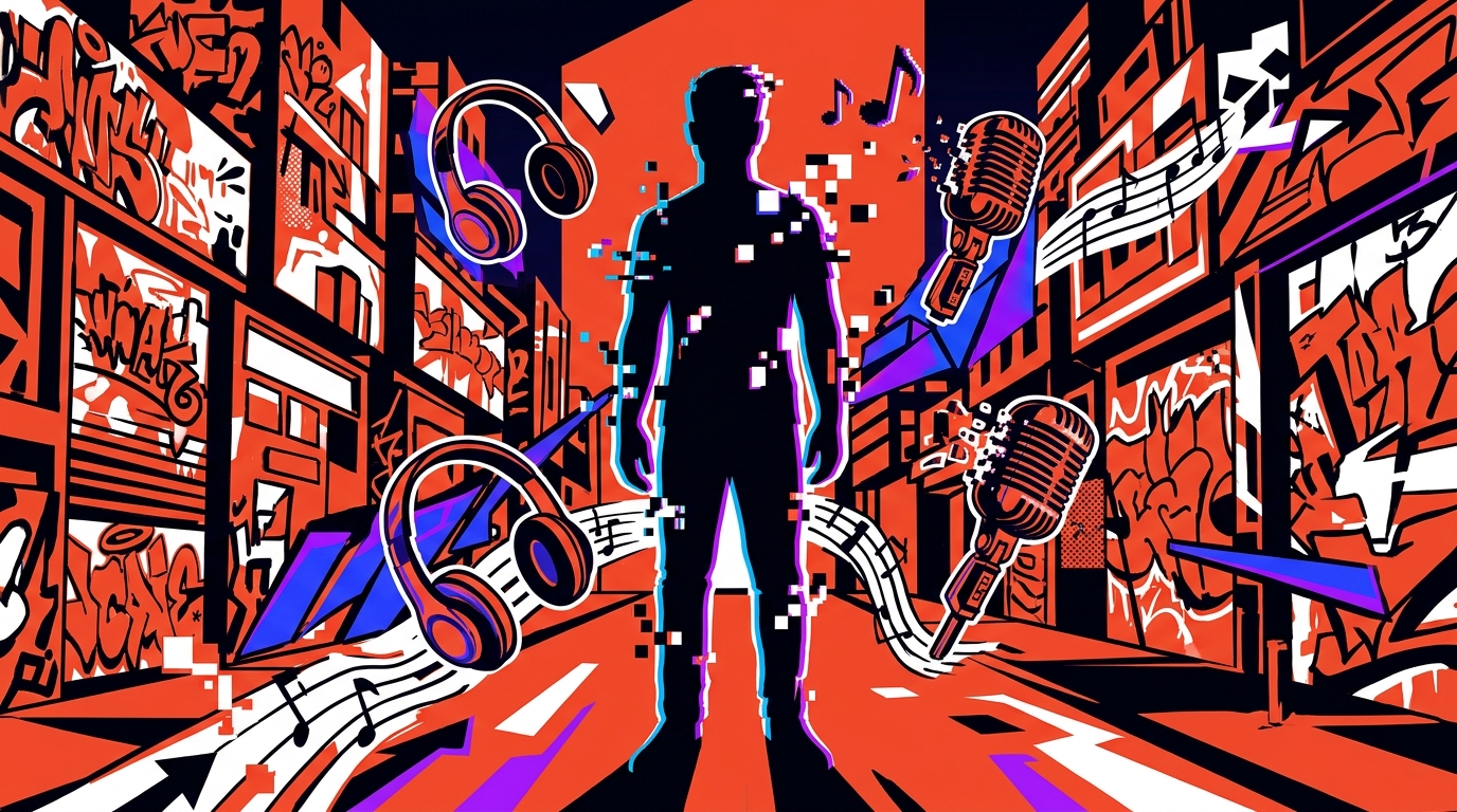 Ilustración urbana del misterio 'Hombre Ficción' de Andy Daze, inspirada en su nuevo tema musical 'Entre Limbos'.