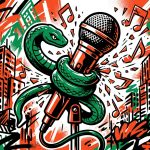 Ilustración urbana sobre la prohibición de narcocorridos en México: un micrófono silenciado y notas musicales rotas.