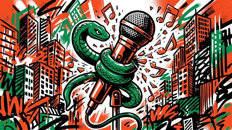 Ilustración urbana sobre la prohibición de narcocorridos en México: un micrófono silenciado y notas musicales rotas.