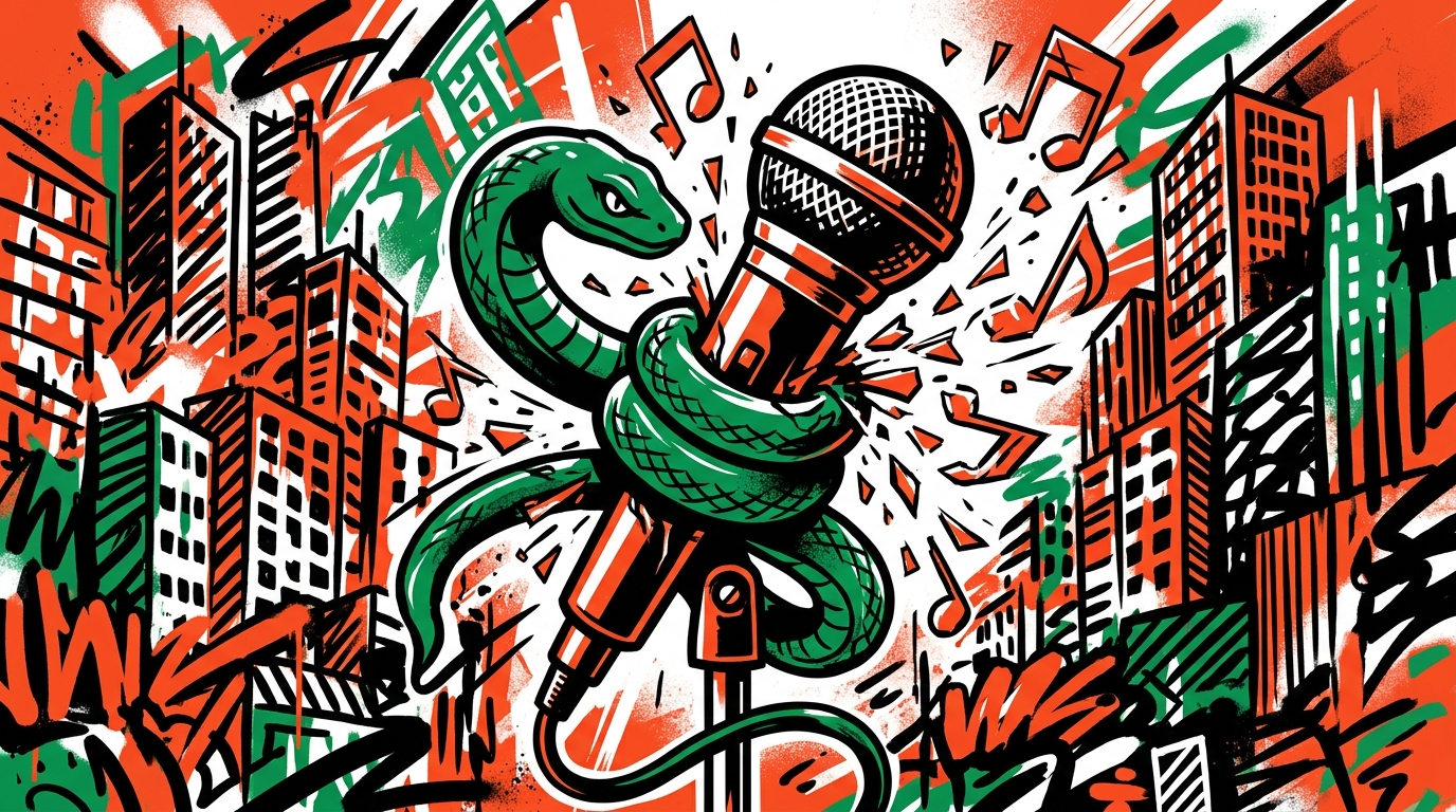 Ilustración urbana sobre la prohibición de narcocorridos en México: un micrófono silenciado y notas musicales rotas.