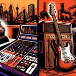 Ilustración urbana de la dualidad del productor Jack Antonoff, entre el estudio y la banda. Arte para Bonchona Radio.