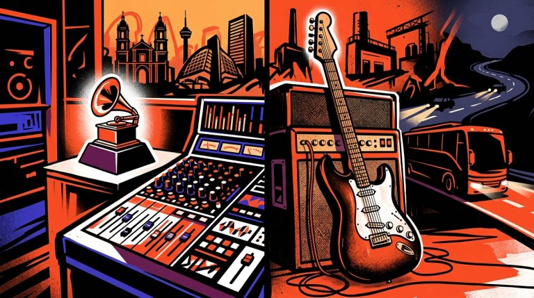Ilustración urbana de la dualidad del productor Jack Antonoff, entre el estudio y la banda. Arte para Bonchona Radio.