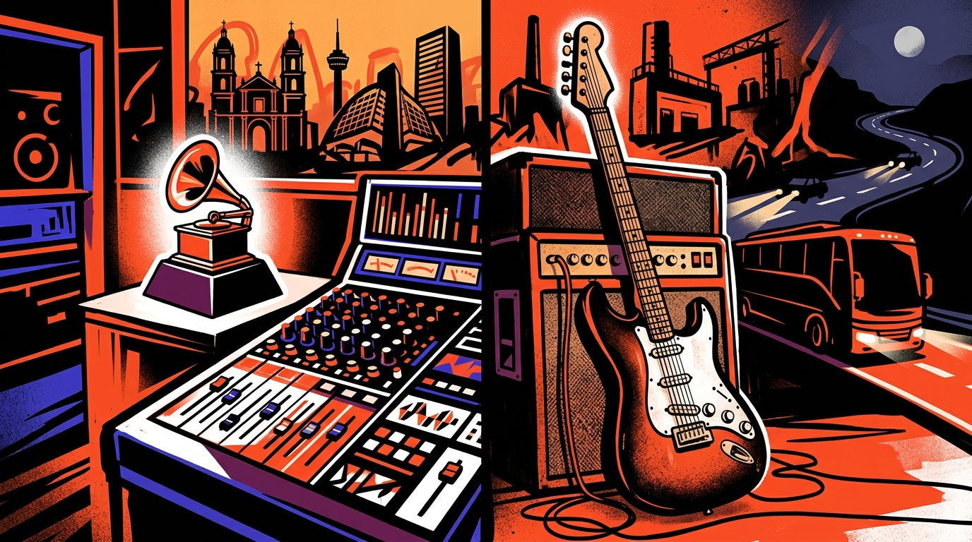 Ilustración urbana de la dualidad del productor Jack Antonoff, entre el estudio y la banda. Arte para Bonchona Radio.
