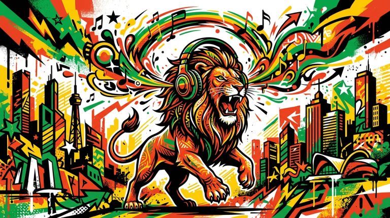 Ilustración urbana de un león con audífonos celebrando el resurgir de la música reggae en Argentina, estilo Bonchona Radio.