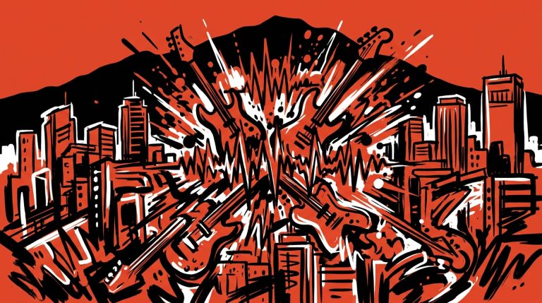 Ilustración urbana sobre el concierto de Slayer en Argentina. Energía metalera con el estilo juvenil de Bonchona Radio.