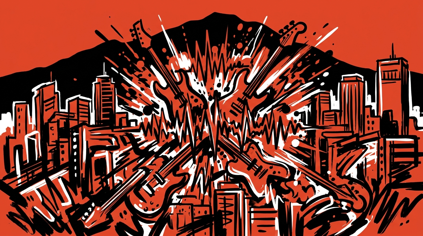 Ilustración urbana sobre el concierto de Slayer en Argentina. Energía metalera con el estilo juvenil de Bonchona Radio.