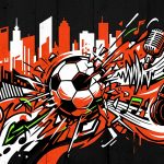 Ilustración urbana de un balón de fútbol con ondas sonoras, sobre Myke Towers, LALIGA y su tema UNA NA MAS.