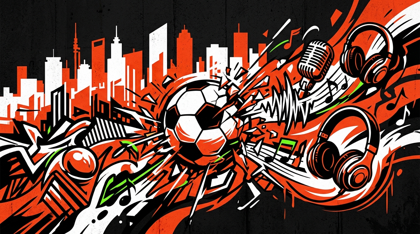 Ilustración urbana de un balón de fútbol con ondas sonoras, sobre Myke Towers, LALIGA y su tema UNA NA MAS.