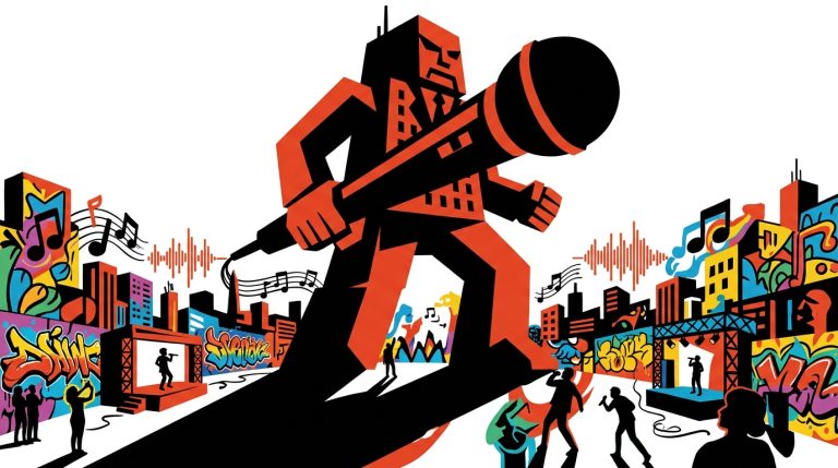 Ilustración de arte urbano sobre el monopolio en la industria de conciertos.