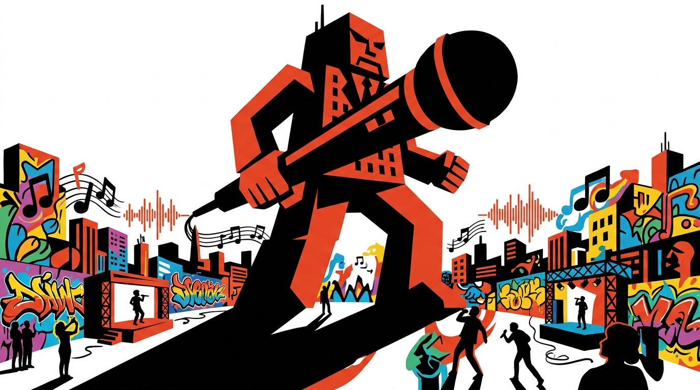 Ilustración de arte urbano sobre el monopolio en la industria de conciertos.