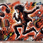 Ilustración urbana del regreso de The Rolling Stones. Un rockstar enérgico celebra su nuevo disco y próxima gira.