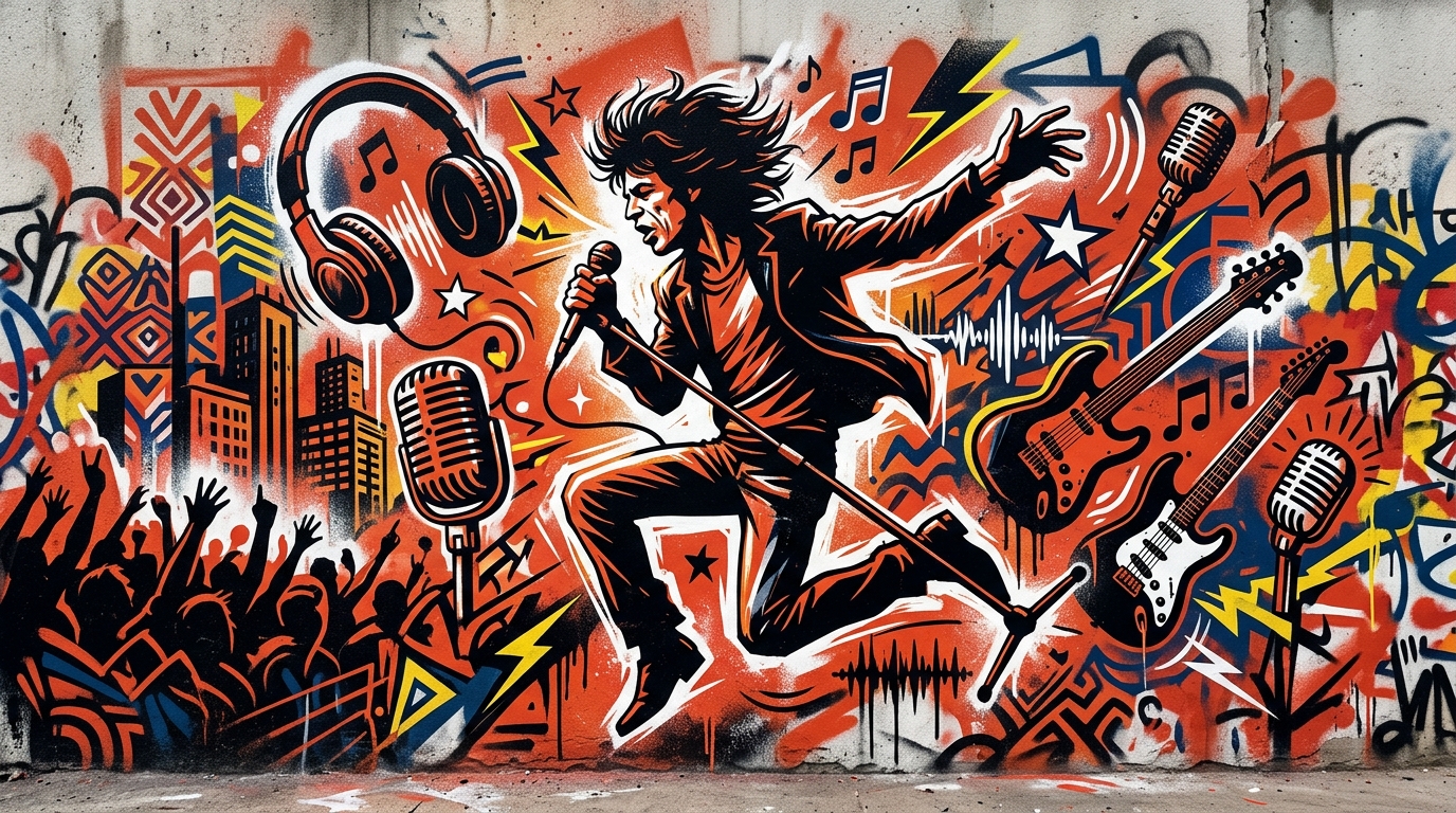 Ilustración urbana del regreso de The Rolling Stones. Un rockstar enérgico celebra su nuevo disco y próxima gira.