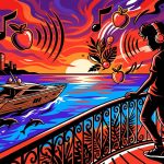 Arte digital del festival Ondalinda en Ibiza. Una fiesta exclusiva con música y yates vista desde una ciudad venezolana.