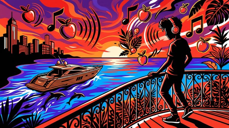 Arte digital del festival Ondalinda en Ibiza. Una fiesta exclusiva con música y yates vista desde una ciudad venezolana.