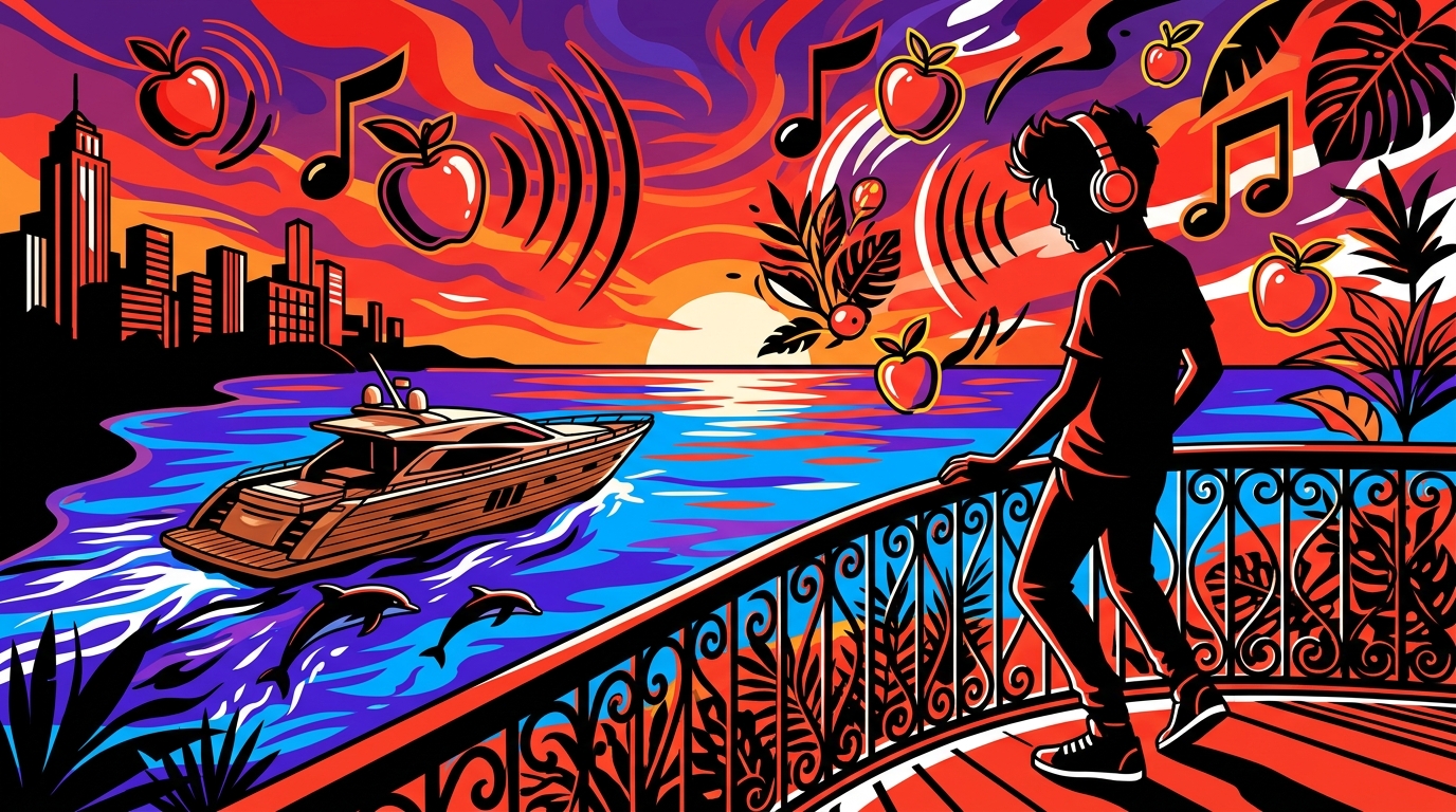 Arte digital del festival Ondalinda en Ibiza. Una fiesta exclusiva con música y yates vista desde una ciudad venezolana.