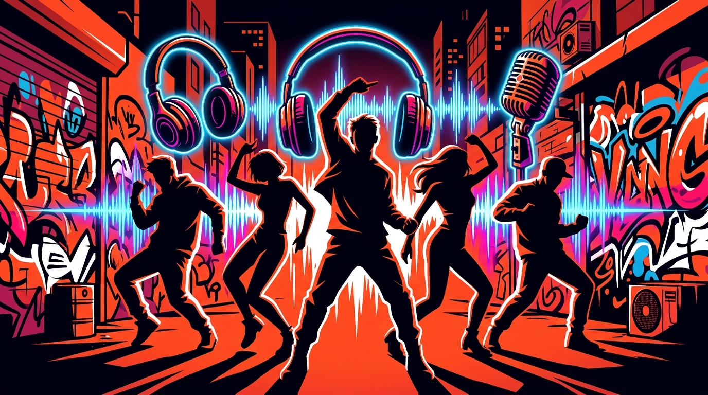 Ilustración urbana del K-Pop de SHINee en Valencia. Siluetas bailando entre símbolos musicales y graffiti.