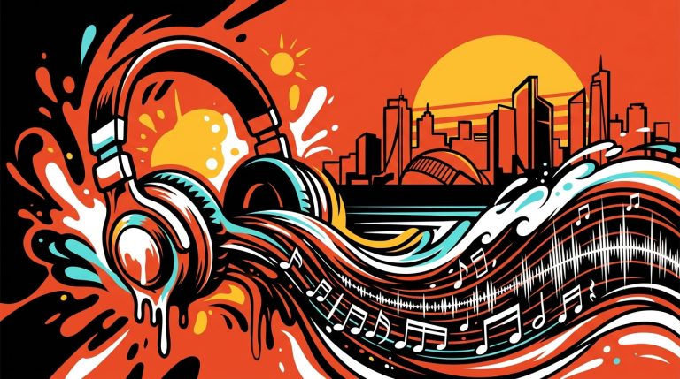 Ilustración urbana de una ola musical y un sol para la noticia de Jungle y su nuevo sencillo 'The Wave' en Bonchona Radio.