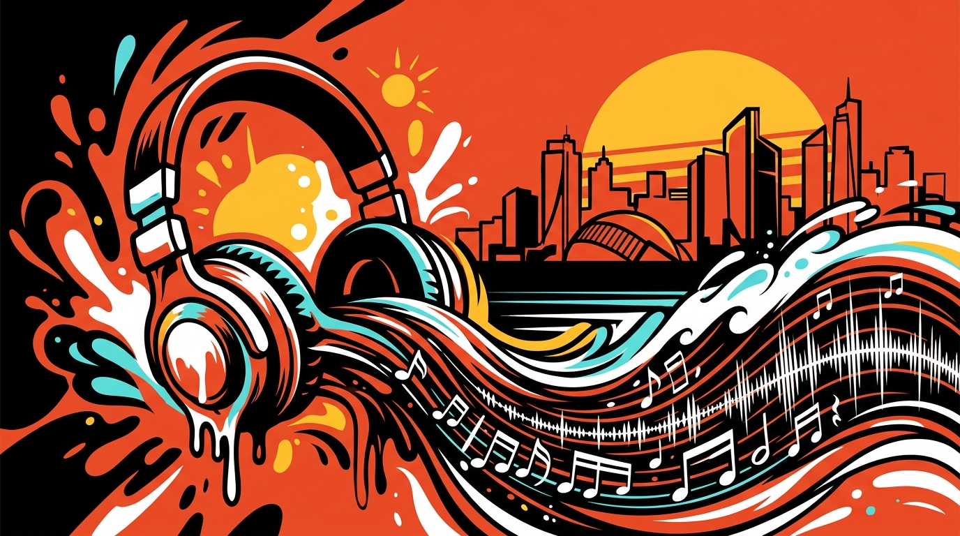 Ilustración urbana de una ola musical y un sol para la noticia de Jungle y su nuevo sencillo 'The Wave' en Bonchona Radio.