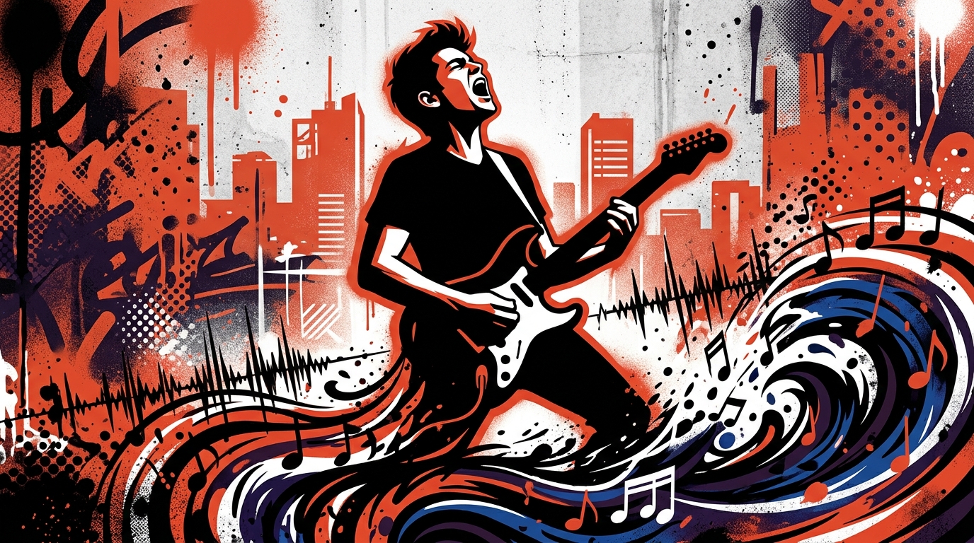 Ilustración urbana sobre la trágica historia de Jeff Buckley, un músico cantando en un río de notas musicales.