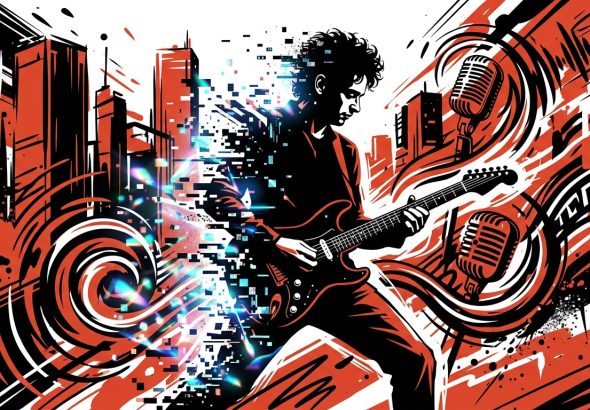 Ilustración urbana del avatar digital de Cerati para Soda Stereo Ecos, con estilo graffiti y colores vibrantes de Bonchona Radio.