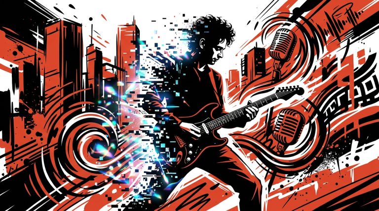 Ilustración urbana del avatar digital de Cerati para Soda Stereo Ecos, con estilo graffiti y colores vibrantes de Bonchona Radio.