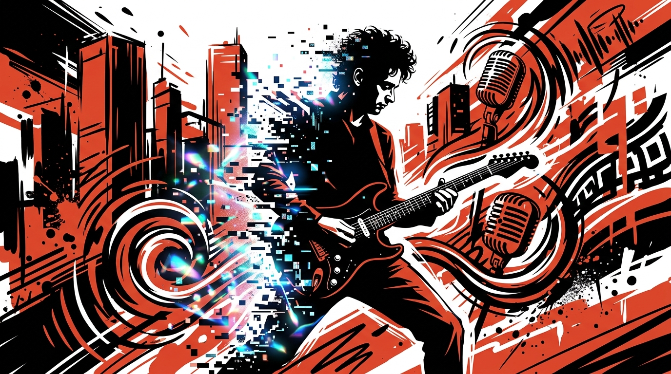 Ilustración urbana del avatar digital de Cerati para Soda Stereo Ecos, con estilo graffiti y colores vibrantes de Bonchona Radio.