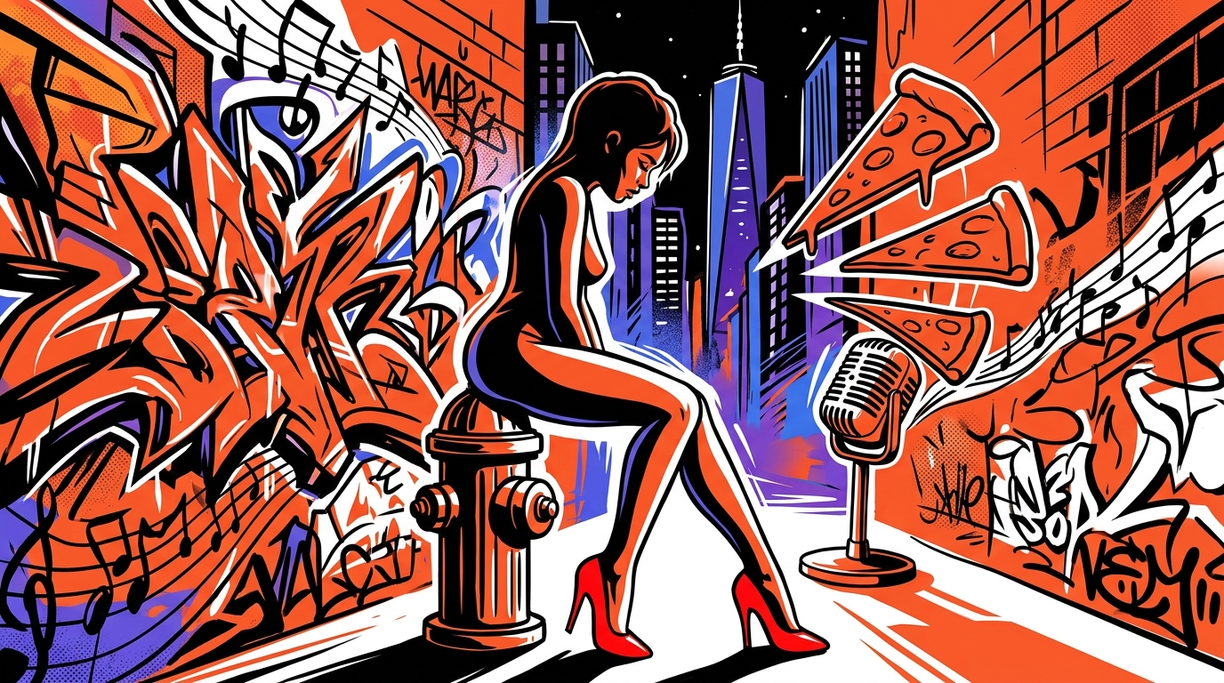 Ilustración urbana de la dualidad de Cazzu en Nueva York, inspirada en su portada para la revista Rolling Stone.