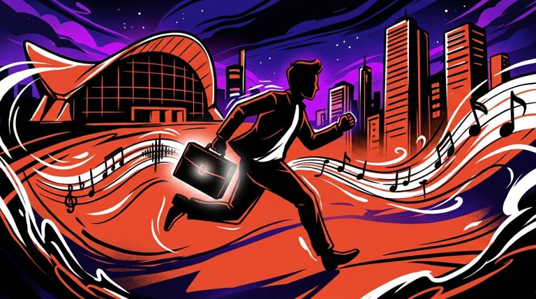 Ilustración urbana del cortometraje de Álvaro Díaz para OMAKASE. Un músico corre de noche en una ciudad, con estilo de Bonchona Radio.
