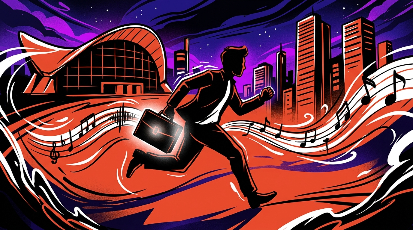Ilustración urbana del cortometraje de Álvaro Díaz para OMAKASE. Un músico corre de noche en una ciudad, con estilo de Bonchona Radio.