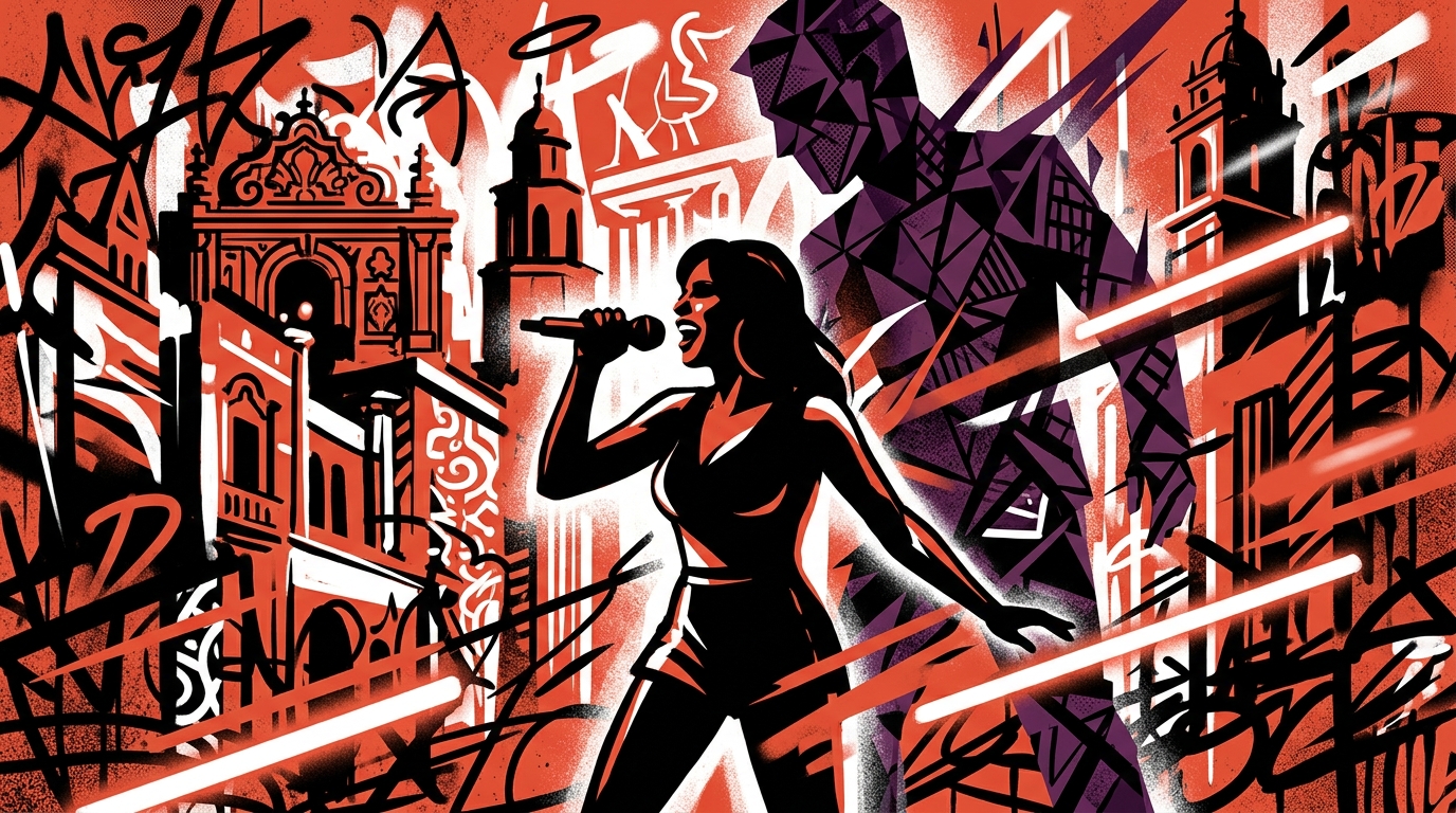 Ilustración urbana sobre el acoso a Sabrina Carpenter. Silueta de cantante pop frente a una sombra amenazante y una ciudad.